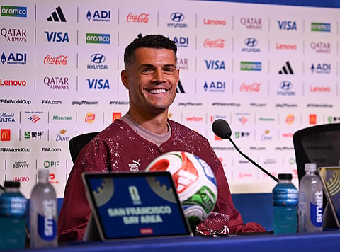 Granit Xhaka attends a press conference ahead of opening game against Qatar