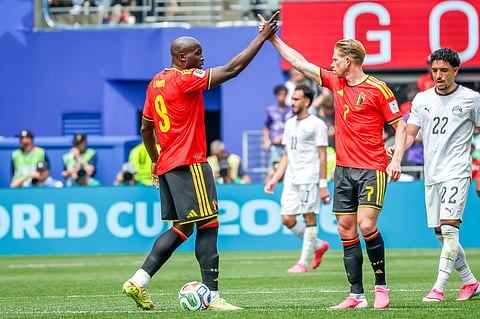 Romelu Lukaku celebrates Belgium's goal with Kevin de Bruyne