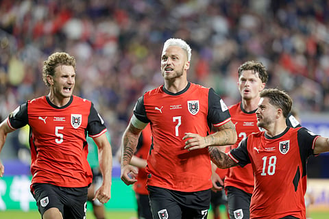 Marko Arnautovic celebrates his goal against Jordan