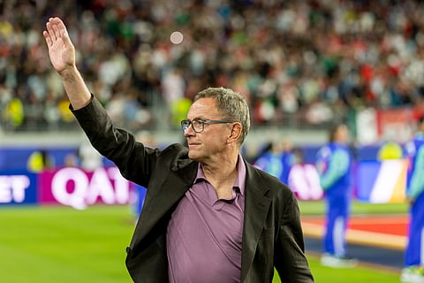 Ralf Rangnick waves to the crowd during Austria vs Jordan