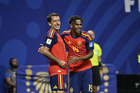 Lamine Yamal celebrates his goal with Mikel Oyarzabal