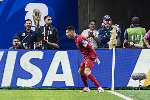 Cristiano Ronaldo hits the SIU after scoring his second goal against Uzbekistan