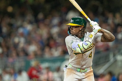 Athletics right fielder Lawrence Butler in action