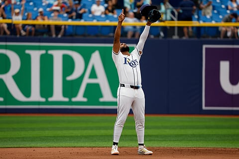 Junior Caminero celebrates after beating Kansas City Royals