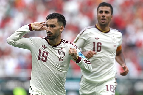 Alex Baena celebrates after scoring the winning goal against Uruguay