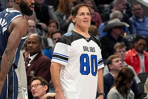 MAVERICKS OWNERSHIP. Dallas Mavericks owner Marc Cuban on the sidelines during the first half of an NBA basketball game against the Los Angeles Lakers in Dallas, Tuesday, Dec. 12, 2023. On Wednesday, Dec. 27, 2023, the NBA approved the sale of controlling interest of the Dallas Mavericks from Mark Cuban to the families that run the Las Vegas Sands casino company.