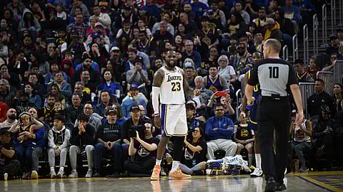 Los Angeles Lakers forward LeBron James (23) smiles during a break in the action during the first half of an NBA basketball game against the Golden State Warriors, Saturday (Sunday in PH time), Jan. 28, 2024, in San Francisco.