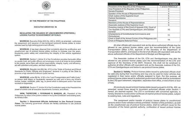 Marcos orders regulation of protocol license plate issuance - Vimarsana News