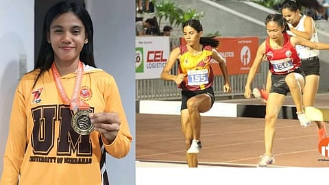 DAVAO PRIDE. Kate Duffy Gel McDowell of the University of Mindanao (UM)-Davao City, center,  clinches the gold medal in the women's under-20 3,000-meter steeplechase event of the International Container Terminal Services, Inc. (ICTSI) Philippine Athletics Championships 2024 at the Philsports track and field stadium in Pasig City on Thursday evening, May 10. 