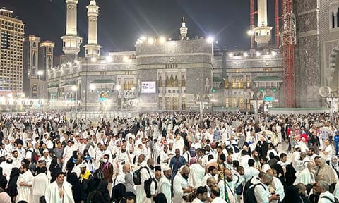 Pilgrims leave after offering prayers outside at the Grand Mosque during the annual Hajj pilgrimage in Mecca, Saudi Arabia, early Friday, June 14, 2024. Hajj is the annual Islamic pilgrimage to Mecca in Saudi Arabia that is required once in a lifetime of every Muslim who can afford it and is physically able to make it. Some Muslims make the journey more than once. 