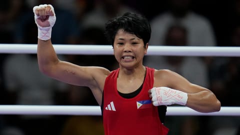 A BIRTHDAY TO REMEMBER. Philippines' Aira Villegas, celebrates after defeating Algeria's Roumaysa Boualam after defeating her in their women's 50kg Round of 16 boxing match at the 2024 Summer Olympics, Thursday, Aug. 1, 2024, which marks her 29th birthday, in Paris, France. 
