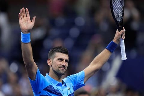 Novak Djokovic, of Serbia, reacts after defeating Radu Albot, of Moldova, during a first round match of the U.S. Open tennis championships, Monday, Aug. 26, 2024, in New York.
