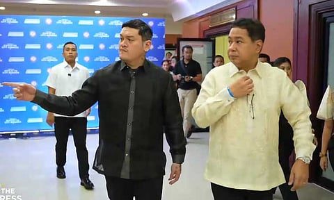Davao City Mayor Sebastian Duterte is accompanied by Vice Mayor J. Melchor Quitain outside the corridors of the Sangguniang Panlungsod as he was about to deliver his third State of the City Address on August 6, 2024.