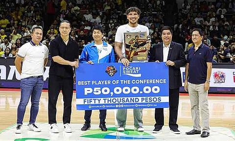 11TH TITLE. June Mar Fajardo of San Miguel Beermen receives his 11th Best Player of the Conference Award at the Araneta Coliseum on Sunday, November 3, 2024.