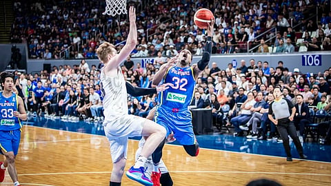 Justin Brownlee of the Philippines shoots against two New Zealand defenders in their Fiba Asia Cup Qualifiers game. The Gilas squad secured a 93-89 win over the Tall Blacks at the Mall of Asia Arena on Thursday, November 21, 2024,  ending an eight-year, four-game losing streak. 