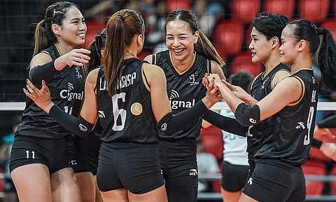 COMEBACK WIN. Cignal HD Spikers celebrate their 3-0 sweep over Galeries Tower, with Vanie Gandler leading the charge with 17 points to reclaim a share of the lead in the Premier Volleyball League All-Filipino Conference.