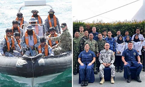 TRAINING. A training team (left photo) prepares to approach a larger vessel for practice boarding in the Davao Gulf. (Right photo) United States Coast Guard Commander Christine Igisomar (left), PCG District Southeastern Mindanao Commander Commodore Rejard Marfe (center) and USCG Team Lead Lt. Dana Schmitt (right) pose for a group photo with participants during the opening ceremony of the Boarding Officer Course in Davao City. The course was held from Jan. 13 to 24, 2025. (Photo courtesy of US Embassy)