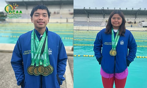 FINISHING STRONG. GOLDEN SPLASH. Ateneo de Davao's Juan Alessandro Suarez and Stacey Bernice Requiza cap off their final Dcaa Meet by steering Unit 6-DACS to a successful title defense in the swimming competition, which concluded on February 5 at the Davao del Norte Sports and Tourism Complex in Tagum City.
