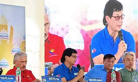 Six of the Alyansa Para sa Bagong Pilipinas senatoriables, namely (from left), former senator Manny Pacquiao, Makati Mayor Abby Binay, ACT-CIS Rep. Erwin Tulfo, former senator Tito Sotto, former DILG Sec. Benhur Abalos Jr., Senator Francisco Tolentino, along with their campaign manager Cong. Toby Tiangco, hold a press conference at Banana Beach, Tagum City, Davao del Norte on February 15, 2025, ahead of the party's rally at the Carmen Municipal Grounds, which will be attended by President Ferdinand Marcos, Jr.