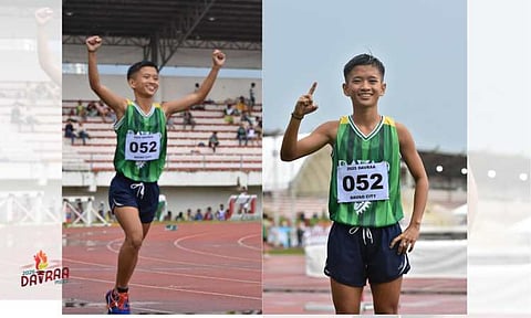 DAVRAA’S FIRST GOLD WINNER. Mary Jane Pagayon of Davao City celebrates as she clinched the first gold medal of the Davao Region Athletic Association (Davraa) Meet 2025, dominating the secondary girls 3,000-meter run at the Davao del Norte Sports and Tourism Complex (DNSTC) track oval in Tagum City Monday, March 10. 