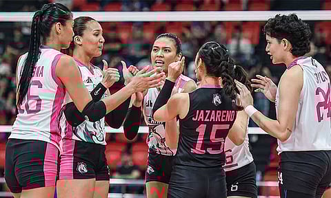 INTO SEMIS. Team Akari secures a ticket to the semifinals after overcoming the Galeries Tower Highrisers, 19-25, 25-20, 16-25, 25-20, 15-12, during the Premier Volleyball League All-Filipino Conference at the Philsports Arena in Pasig late Thursday night, March 20, 2025.