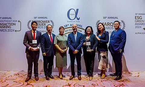 Photo shows DBP Senior Vice President Mario Rey T. Morales (second from left), DBP Senior Vice President Ana Marie E. Veloso (third from left), DBP Vice President Raquel C. Atienza (third from right), and DBP Senior Assistant Vice President Maria Eliza C. Galvan (second from right) receiving the Best Syndicated Loan Deal of the Year 2024 award on behalf of DBP. Also in photo are San Miguel Holdings Corporation Head of Treasury William Henry S. Timoteo (leftmost), Alpha Southeast Asia Chief Executive Officer and Publisher Siddiq Bazarwala (center), and Assistant Vice President for Special Projects John Patrick De Las Penas (rightmost).