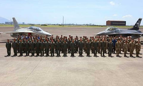 COPE THUNDER DRILLS. Philippine Air Force chief Lt. Gen. Arthur Cordura and United States' Pacific Air Forces Air National Guard mobilization assistant Maj. Gen. Christopher Sheppard, together with other officers, join participants of Cope Thunder–Philippines 25-1 during its opening rites at Clark Air Base in Mabalacat City, Pampanga on Monday (April 7, 2025). The exercise includes subject matter expert exchanges, including on cybersecurity and communications. (Photo courtesy of PAF)