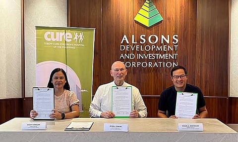 (From left) CURE Finance Director Anamy Simbajon, CURE Executive Director Peter L. Cowles, and Alsons Dev President and CEO Miguel A. Dominguez formalized their partnership through a Memorandum of Agreement signing, signifying Alsons Dev's support for children in need of surgical care.