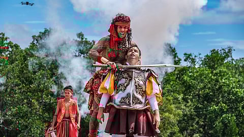 CLASH. Datu Lapulapu, portrayed by Shaun Pelayo, grips the kneeling Magellan, portrayed by a Belgian model Kevin Lahousse, by the shoulder with his sword poised at his neck during an intense reenactment scene of the Kadaugan sa Mactan.  Lapu-Lapu City commemorated the 504th Kadaugan sa Mactan through a reenactment held at the Mactan Shrine in Lapu-Lapu City on Sunday, April 27, 2025.  / 