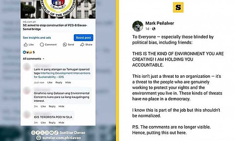 The executive director of Interfacing Development Interventions for Sustainability (IDIS), Mark Peñalver, has denounced a series of online comments labeling their organization as "terrorists" and threatening their members. The comments appeared on a Facebook post regarding a petition filed before the Supreme Court to halt the construction of the P23-billion Davao-Samal bridge. Among the remarks made under the name "SMNI Support" were direct accusations and statements in Bisaya suggesting violence against IDIS members, including one that read, “IDIS TERORISTA POD NI SILA.”