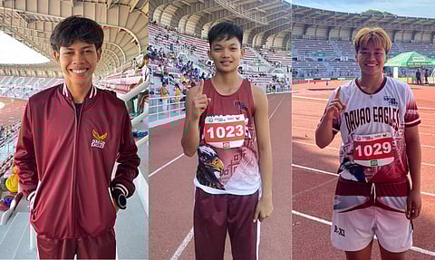 GOLDEN THIRD TIME. Davao Eagles track stars Marco Antonio Arela, Mechelle Ann Gonato, and Hannah Ashlei Regaya beam with pride after finally striking gold in their third Palarong Pambansa. From heartbreak in Marikina and Cebu to glory in Laoag, the trio turned trials into triumphs at the Ferdinand E. Marcos Memorial Stadium, proving that perseverance—and the third time—really is the charm.
