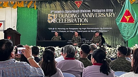 Lieutenant General Roy M. Galido, Commanding General of the Philippine Army, leads the 51st founding anniversary celebration of the 3rd Infantry Division at Camp General Macario Peralta Jr. in Barangay Jaena Norte, Jamindan, Capiz on May 27, 2025.  (Photo by Leo Solinap)