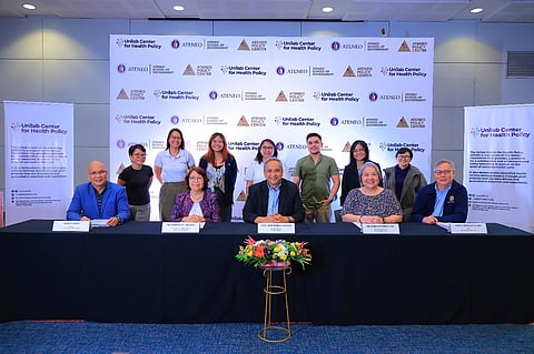 From left (sitting):Ruben “John” A. Basa, Program Director, Unilab Center for Health Policy; Maria Luz C. Vilches, PhD, Vice President for Higher Education, Ateneo de Manila University; Atty. Jose Maria A. Ochave, Executive Director, Unilab Foundation; Dr. Maria Eufemia C. Yap, Senior Research Fellow at Ateneo Policy Center; Philip Arnold P. Tuaño PhD, Dean, Ateneo School of Government. From left (standing) Research Team: Imee Jane Manalili, Samantha Joan Ackary, Melissa Prieto, Ivyrose S. Baysic, Geminn Louis C. Apostol, Arianna Maever Amit, Dr. Kaye De Ramos-Afuang.