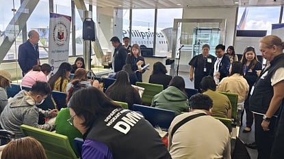 A total of 18 overseas Filipino workers (OFWs) caught in the Middle East crossfire safely arrive home on Monday, June 16, 2025, at the Ninoy Aquino International Airport Terminal 1 in Pasay City. The Department of Migrant Workers (DMW) and Overseas Workers Welfare Administration welcomed the repatriated OFWs and assured them of full government assistance and support. (Photo courtesy of DMW)