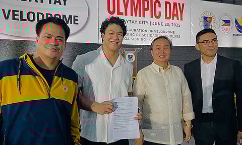 CHINO’S ROAD TO LA OLYMPICS BEGINS. Dabawenyo multi-medaled athlete Chino Sy Tancontian (second from left) receives the Olympic Solidarity Scholarship on Olympic Day, June 23, 2025, at the Tagaytay City Velodrome, bringing him closer to his dream of competing in the 2028 Los Angeles Olympics.