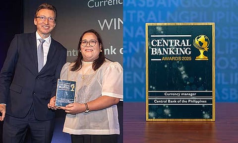 Bangko Sentral ng Pilipinas (BSP) Assistant Governor Mary Anne Lim (right) receives the "Currency Manager" Award on behalf of the BSP from Central Banking Awards Committee Chair Christopher Jeffery during the awarding ceremony on June 11, 2025 in London.