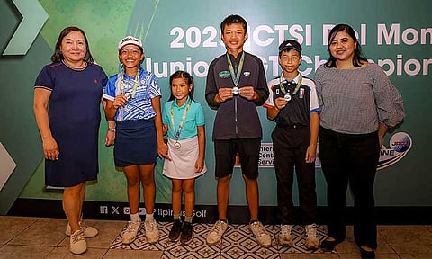 Winners pose with PGTI executive director Nana Soriano (left) and Del Monte Golf Club clubhouse manager Bea Roque (right) during awards ceremonies. They are (from second from left, Kimberly Baroquillo, Soleil Molde, Ken Guillermo and Jamie Barnes).