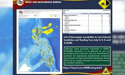 STAY ALERT. The Mines and Geosciences Bureau (MGB) of the Department of Environment and Natural Resources (DENR) on Thursday (July 3, 2025), issues Geohazard Advisory 1. The MGB flagged 252 barangays across 12 provinces in Luzon and 412 barangays in Metro Manila for possible landslides and flooding from July 3 to 6. (Photo grabbed from MGB Facebook page)