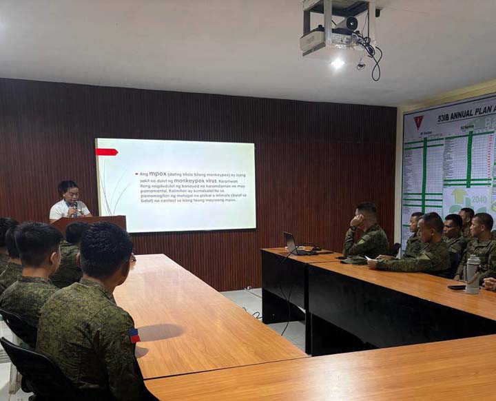 ZAMBOANGA. The 53rd Infantry Battalion spearheads an Mpox (Monkeypox) Awareness Seminar on Friday, July 4, demonstrating its commitment to public health and community engagement. The seminar was conducted at Camp Major David Sabido, in collaboration with the Rural Health Unit of Guipos, Zamboanga del Sur. 