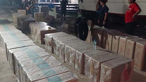 ZAMBOANGA. Sailors aboard Patrol Gunboat-906 (BRP-Herminigildo Yurong) arrest four individuals and seize some P11.4 million worth of smuggled cigarettes on Tuesday, July 15, 2025, approximately 30 nautical miles southeast of Kauluan Island, Basilan. The confiscated cigarettes were taken to Naval Station Romulo Espaldon in Zamboanga City. (SunStar Zamboanga) 
