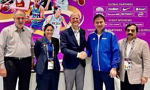 CHINA VISIT. Philippine Sports Commission chairperson Patrick Gregorio (2nd from right) and FIBA secretary general Andreas Zagklis shake hands during a meeting in Shenzhen, China on Sunday (July 20, 2025). Gregorio also cheered the Gilas Pilipinas Women competing in the FIBA Women’s Asia Cup 2025. 
