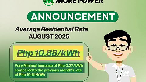 More Power announced a residential electricity rate hike in Iloilo City for August, raising the charge to P10.88 per kilowatt-hour, or P0.27 higher than July, due to increased generation costs from the Wholesale Electricity Spot Market. (Photo courtesy of More Power)