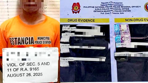 Police operatives from Estancia Municipal Police Station (MPS) present the arrested high-value individual and seized shabu worth more than P504,968 during a buy-bust operation at Estancia Public Cemetery, Barangay Tacbuyan, Estancia, Iloilo, on August 26, 2025. (Photo courtesy of Estancia MPS)