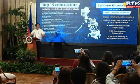 RED FLAGS. President Ferdinand R. Marcos Jr. reports initial findings on flood control projects in a Malacañang press briefing on Aug. 11, 2025. Senator Panfilo Lacson on Thursday (Aug. 28) said government agencies should stamp out collusion behind substandard and “ghost” flood control projects, warning that corruption has turned parts of the Department of Public Works and Highways into a “playground.” (RTVM screengrab)