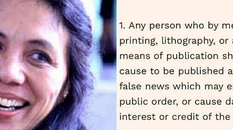 Bambi Beltran (left); Revised Penal Code provision on false news (right)