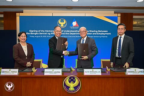 The photo shows Bangko Sentral ng Pilipinas (BSP) Governor Eli M. Remolona, Jr. (second from right) with (from left) Labor Undersecretary Carmela I. Torres, Labor Secretary Bienvenido E. Laguesma, and BSP Monetary Policy Sub-Sector Officer-in-Charge Dennis D. Lapid at the memorandum of understanding on data sharing signing ceremony between the BSP and DOLE on 29 August 2025.