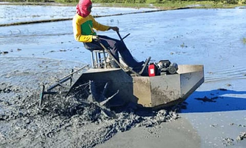 Agricultural engineers from the Philippine Rice Research Institute test the autoboat tractor. (Photo courtesy of PhilRice)