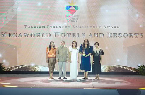 TOURISM AWARD. Megaworld Hotels & Resorts received the inaugural Tourism Industry Excellence Award from the Department of Tourism (DOT), making it the first hospitality group to earn the recognition. The award recognizes the company as one of the country’s largest hotel operators and its status as the Philippines’ first Muslim-friendly hotel chain, certified by CrescentRating. The group has also implemented the Sampaguita Project, which incorporates the Philippine national flower into hotel experiences and services. DOT Secretary Christina Frasco, along with Undersecretaries Verna Esmeralda Buensuceso and Maria Rica Bueno, presented the award to Megaworld Hotels & Resorts Group General Manager Arturo Boncato Jr. and Managing Director Cleofe Albiso. (2nd from right).