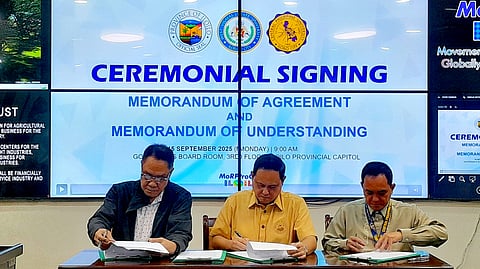 ILOILO. Iloilo Governor Arthur Defensor Jr. (center) formalizes partnerships with WVSU-CAF and CPU for forest and marine biodiversity projects under Tanum Iloilo for MoRProGRes on September 15, 2025. Also in the photo are representatives from WVSU-CAF, CPU, and the PGENRO. 