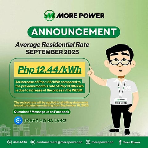 ILOILO. Consumers in Iloilo City will pay higher power rates this September after More Power announced an increase to P12.44/kWh for residential customers due to higher spot market prices and yellow alert advisories from NGCP.  